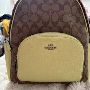 Coach Court Backpack Khaki Signature Canvas Pale Lime Leather